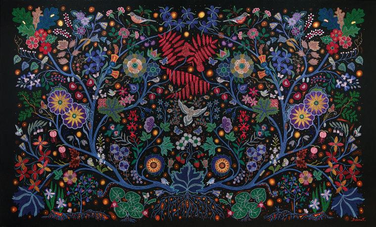 Christi Belcourt (Michif), “The Wisdom of the Universe,” 2014; acrylic on canvas, 67.5" x 111";