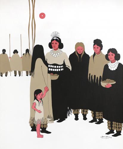 Joan Hill (Muskogee Creek and Cherokee), “Women’s Voices at the Council,” 1990; acrylic on canvas, 38.25" x 28.25"