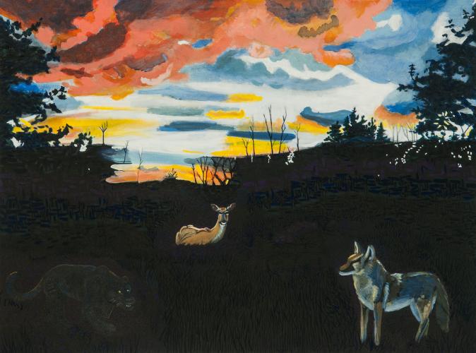 “Night Creatures,” G. Peter Jemison (Seneca), 2017, acrylic on canvas, 48" x 36".