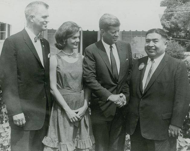 Michigan Governor G. Mennen Williams, Jacqueline Kennedy and then Senator John F. Kennedy met with Frank George of the Confederated Tribes of the Colville Indian Reservation and former executive director of the National Congress of American Indians