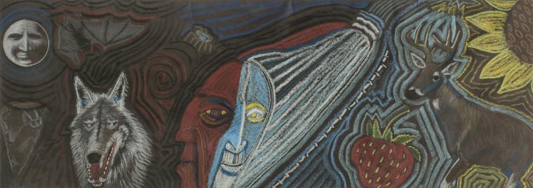 Iroquois Creation Story–The Twins, G. Peter Jemison (Seneca), 2015, colored pencils, china marker and oil pastel on paper, 14" x 6½"
