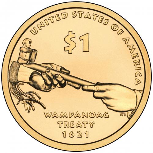 A $1 coin featuring a pipe being passed from a Massasoit hand to a colonist, representing the Wampanoag Treaty of 1621.