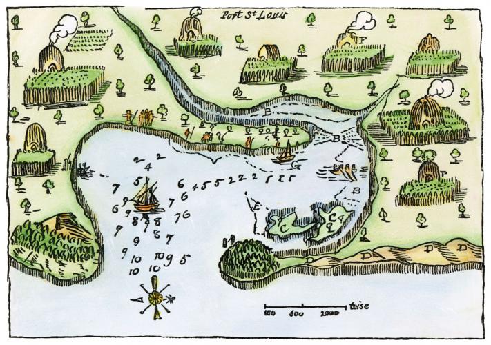 A map of Plymouth Harbor and village of Patuxet drawn in the early 1600s.