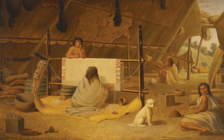 A painting of Songhees/Saanich weavers at work, with a small white dog seated next to them