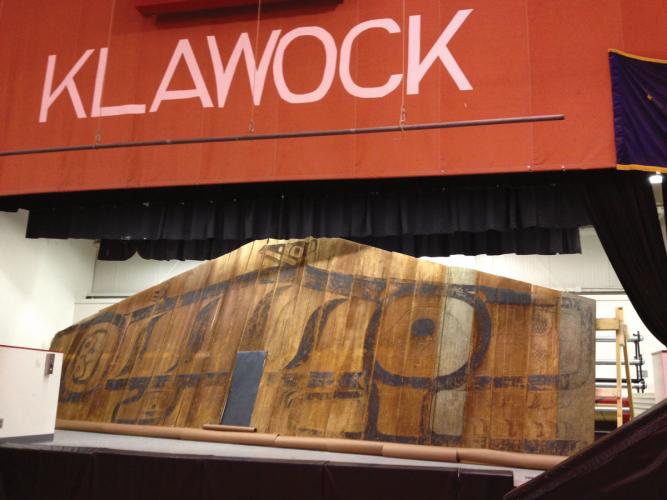 The Dog Salmon Screen on display at the Klawock village's Salvation Army Hall