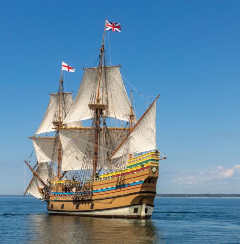 The Mayflower II, a replica of the original Mayflower ship, at sea.