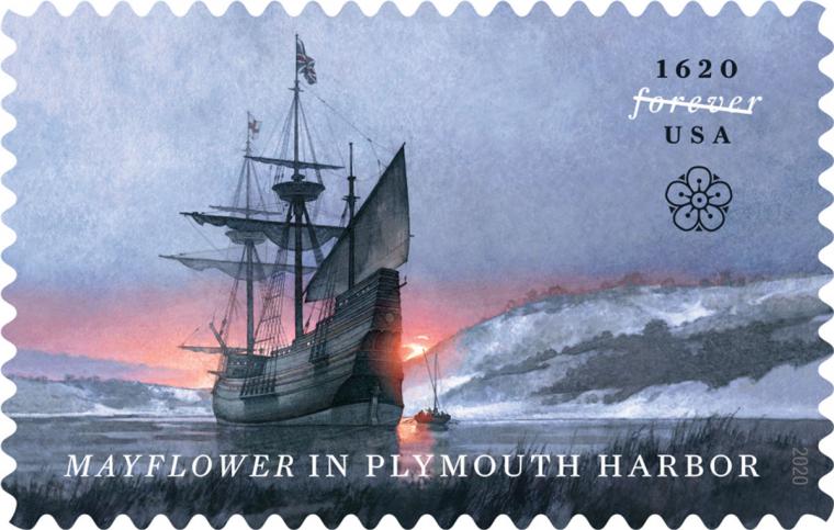 A postage stamp depicting the Mayflower in Plymouth Harbor
