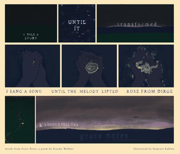 A poster depicting Storme Webber's poem 'Grace Notes' with an illustration by Satpreet Kahlon