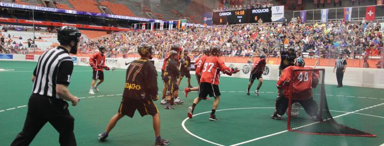 The Iroquois Nationals playing against Team Canada Lacrosse at the 2015 World Indoor Lacrosse Championship