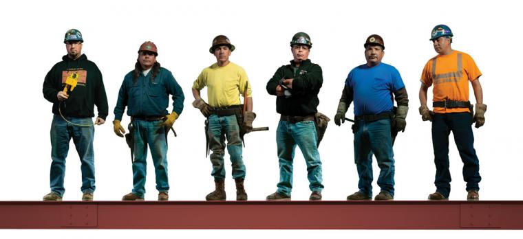 Composite image of six Mohawk ironworkers of today balancing on a steel beam