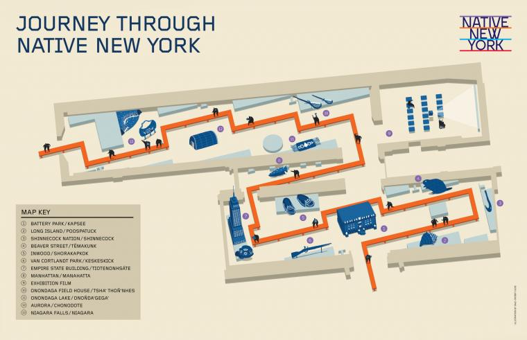This "Native New York" exhibition map shows the 12 locations in New York state featured in the exhibition as well as an auditorium
