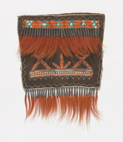 Lenape shoulder bag without strap, decorated with porcupine quills and deer hair