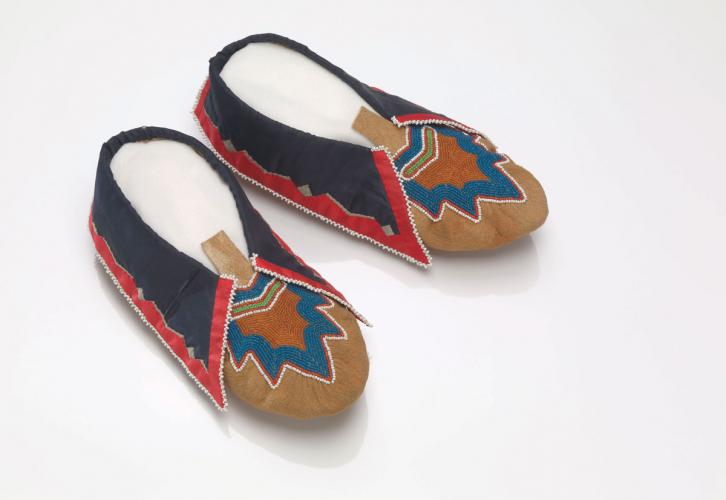 Shawnee moccasins with silk ribbonwork and glass beads