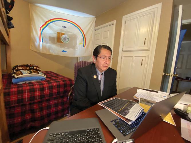 Navajo Nation President Jonathan Nez gives his State of the Nation Address from his son's bedroom