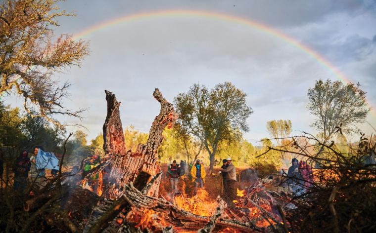 A rainbow above a burning slash pile
