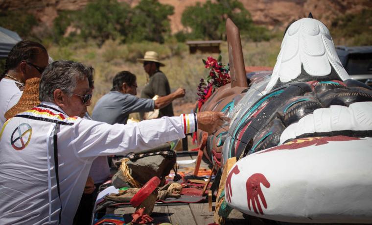 Lummi carver Douglas James blessing the totem pole