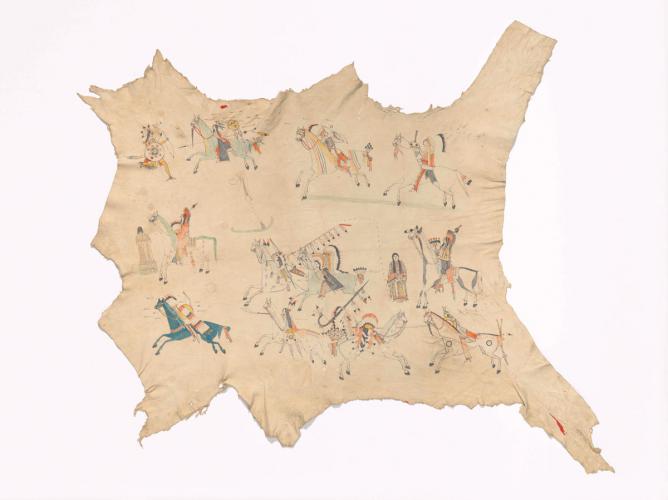 Painted hide from early 19th century depicting scenes of battles and other historic Kiowa tribal events