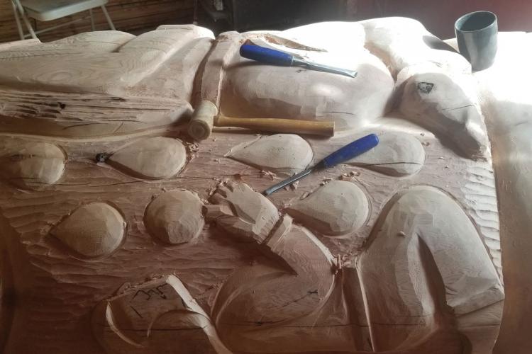 The totem pole, prior to being painted