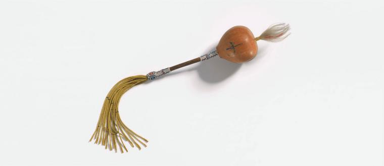 Rattle made of gourd, wood and glass beads