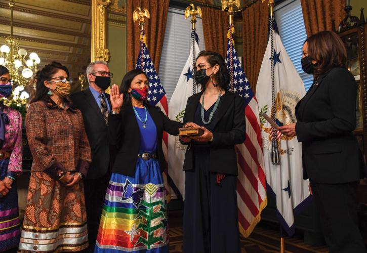 U.S. Department of the Interior Secretary Deb Haaland being sworn in at the White House by Vice President Kamala Harris