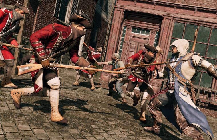 A scene from 'Assassin's Creed III' of the main character, Connor Kenway, fighting British soldiers