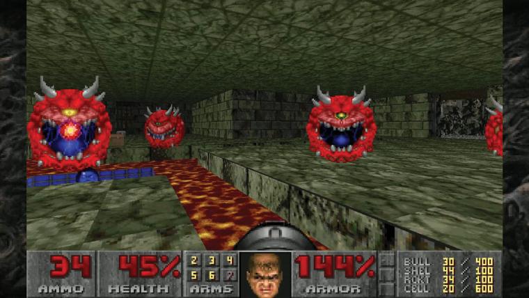 A still from video game "Doom" of monsters inside a dungeon