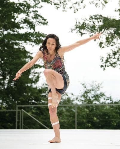 Dancer and choreographer Emily Johnson at an outdoor performance at Jacob’s Pillow Dance Festival