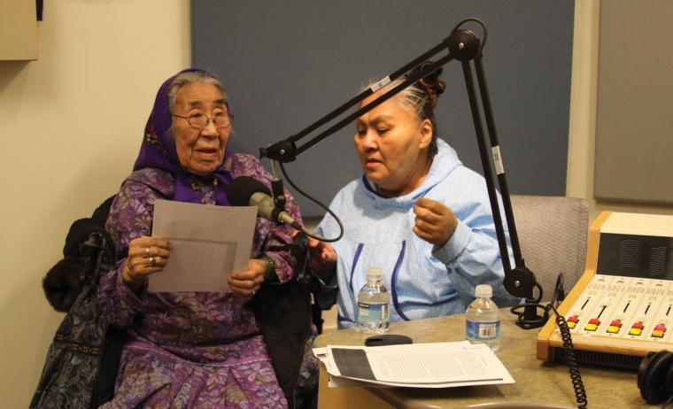 Minnie Gray and Helen Roberts recording their voices for characters in video game 'Never Alone'