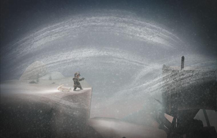 A still from video game 'Never Alone" of a young girl and her fox crossing treacherous Arctic terrain