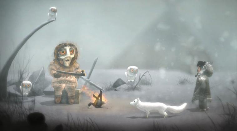 A still from 'Never Alone' of the main character Nuna and her arctic fox meeting other characters