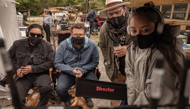 Blackhorse Lowe, Migizi Pensoneau, Sterlin Harjo and Tazbah Chavez on the set of 'Reservation Dogs'