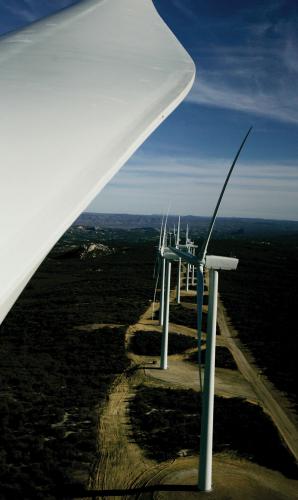 Looking down on wind turbines from one in southern California.