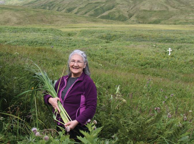 An Aleut woman elder in a purple jacket holds a bundle of grass she has harvested on Attu Island. In the background sits a white cross in the field.
