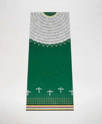 A screen print by artist Dyani White Hawk. It is mostly green, with white and yellow accents.