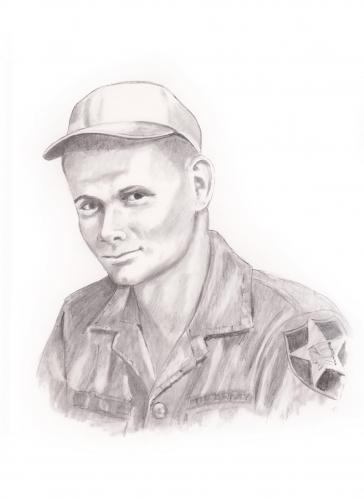 Illustrated portrait of a young Dwight Birdwell in uniform, drawn in medium brown on a white background.