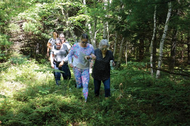 Elders accompanied by other Mi’kmawey Debert Cultural Centre staff walk to the future museum site in a wooded area