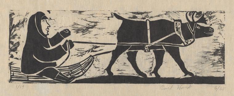 A wood-cut print of an illustration of a man on a sled pulled by a reindeer in black ink.