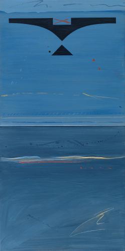 A vertical blue-colored oil painting with a birdlike design at the top