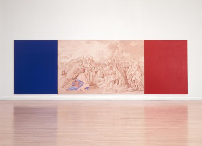 A wide tricolor painting hanging in a gallery.