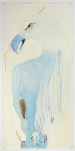 A vertical blue-tinted oil painting portrait of an eagle.