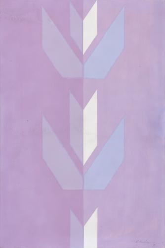 A vertical lavendar painting with leaf graphics.