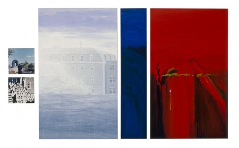 A mixed-media piece consisting of 5 image boxes. 