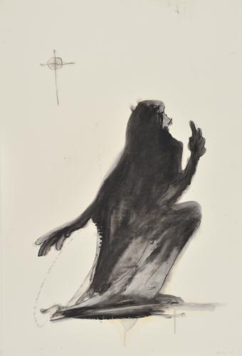 An oil painting of a silhouetted nun