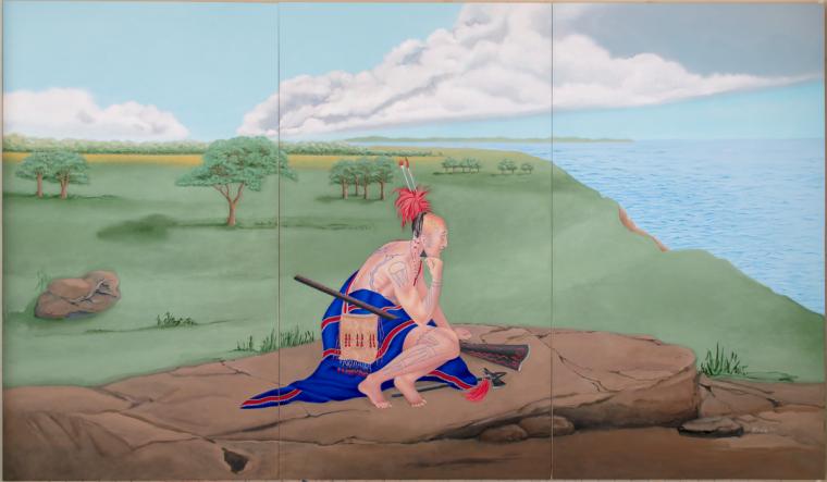 A painting featuring a male Indigenous figure sitting before a landscape.