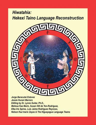 A dictionary cover, containing an illustration showing two Taíno people in conversation against a starry background