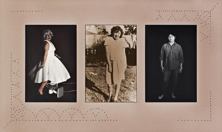 A triptych of gelatin silver prints. The first image shows the artist posing as Marilyn Monroe in a white dress. The second image shows a female family member of the artist. The third image is a portrait of the artist.