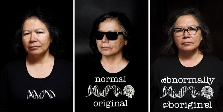 Three photographs of a woman wearing a black t-shirt. In the first, her t-shirt displays a strand of DNA. In the second, there is DNA and a figure wearing a headdress, with the words "Normal Original." In the third, the words are changed to "Abnormally Aboriginal."
