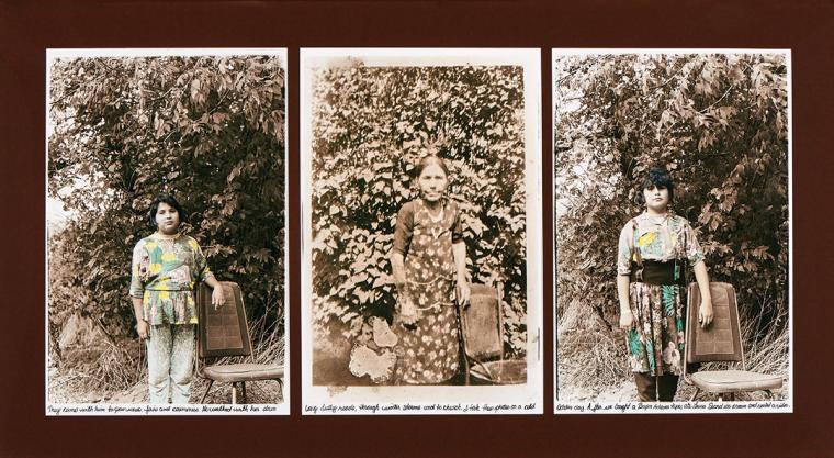 A triptych of gelatin silver prints. The middle image shows an old woman standing next to a chair. The first and third image show two young girls, each next to a chair.