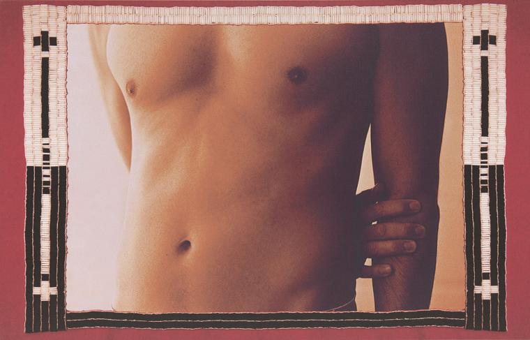 Inket print on canvas showing a horizontal rectangular image of a nude male torso surrounded by a decorative black and white border, against a red background.