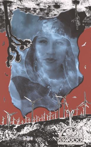 Inkjet print showing a portrait of a woman wearing a cloth cap, tinted blue against a red background. Beneath her is a landscape with wind turbines, beadwork, and a skeleton. Above her there is an upside-down landscape with vegetation.